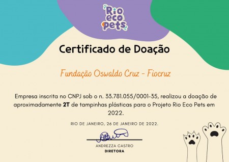 Certificado recebido da Rio Ecopets